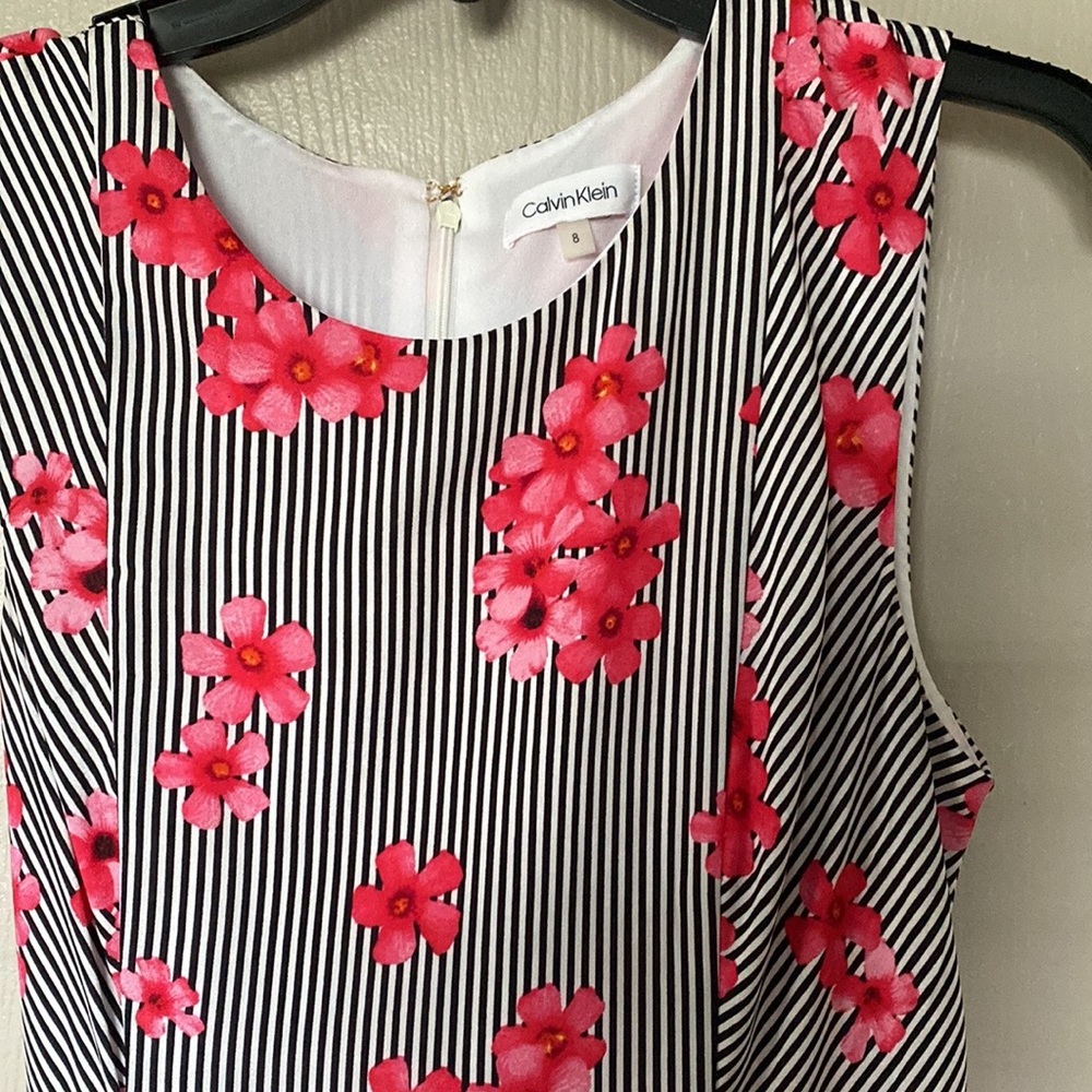Calvin Klein black and white striped pink floral Flowey dress